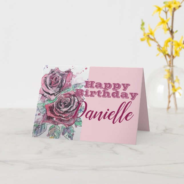 Red Rose Flower Happy Birthday Womans Name Card (Yellow Flower)