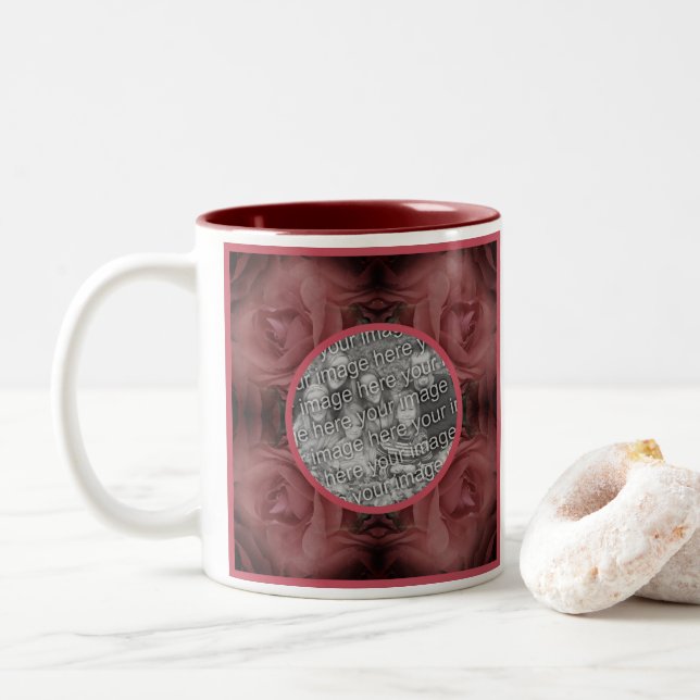 Red Rose Flower Nature Frame Add Your Photo  Two-Tone Coffee Mug (With Donut)