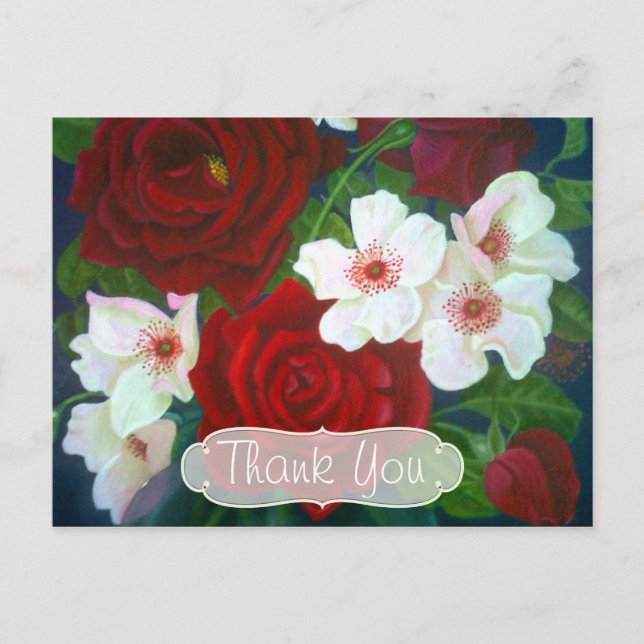 Red Rose Flower Oil Painting Thank You Postcard (Front)