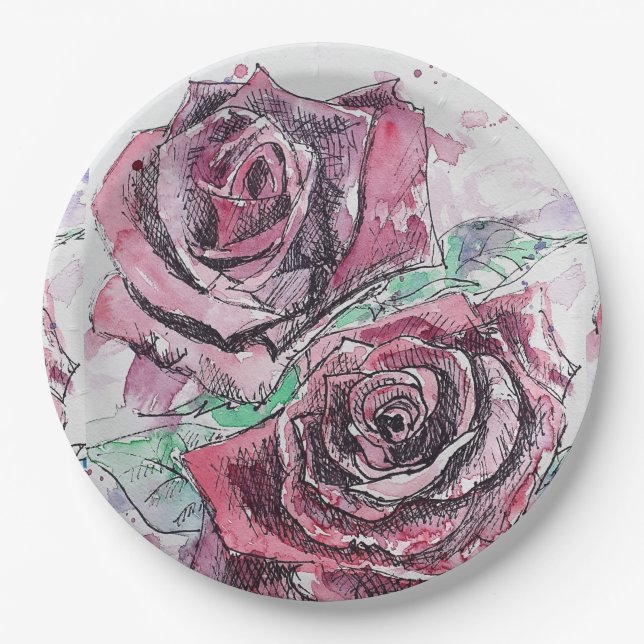 Red Rose Flower Pattern Paper Party Plate (Front)