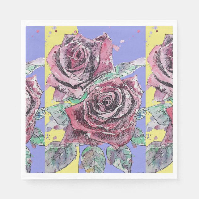 Red Rose Flower Pattern Purple Paper Party Napkin (Front)