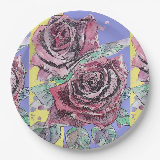 Red Rose Flower Pattern Purple Paper Party Plate (Front)
