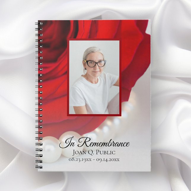 Red Rose Flower Pearls Funeral Memorial Guest Book (Creator Uploaded)