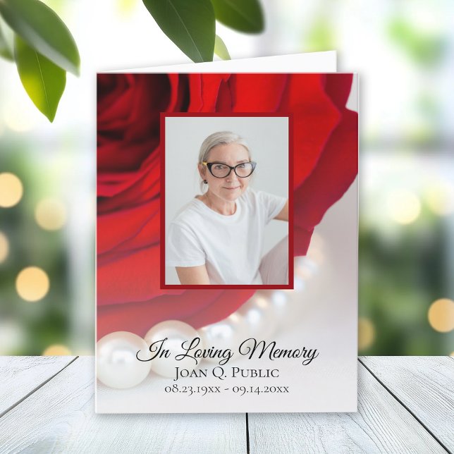 Red Rose Flower Pearls Funeral Memorial Sympathy Thank You Card (Creator Uploaded)