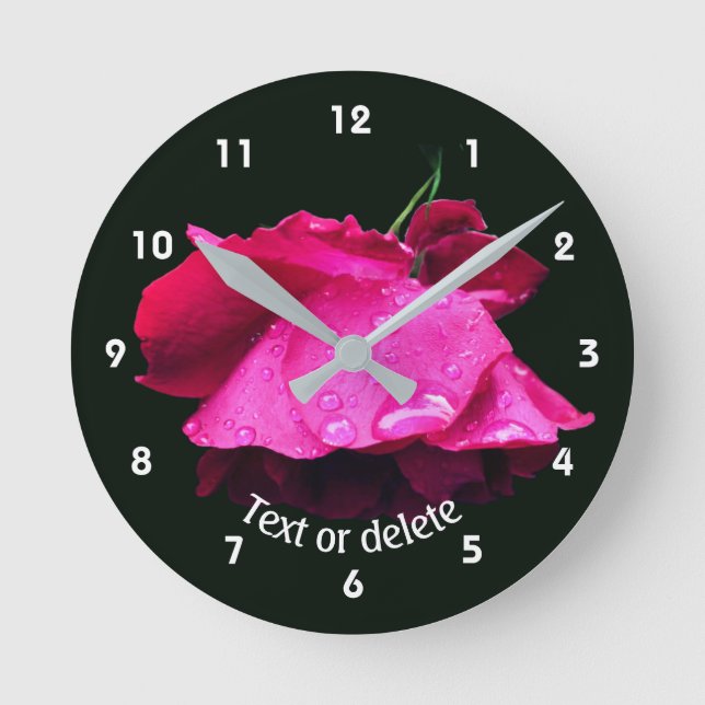 Red Rose Flower Raindrops Personalised Round Clock (Front)