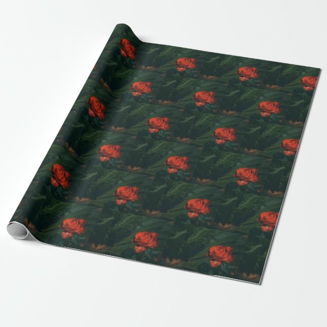 Red Rose Flower Rich Green Festive Wrapping Paper (Unrolled)