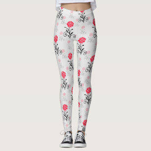 Red Rose Flower Stalk Pattern Design  Leggings