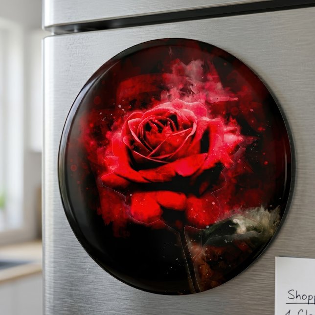 Red Rose flower watercolor - bb Magnet (One Red Rose Watercolor on Black Background. Magnet)