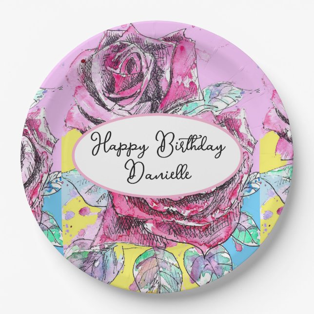 Red Rose Flower Watercolor Paper Party Plate (Front)