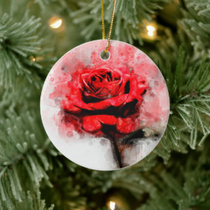 Red Rose flower watercolor - wb Ceramic Tree Decoration