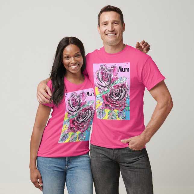 Red Rose Flower Watercolour Colorful Hot Pink Art T-Shirt (Unisex)