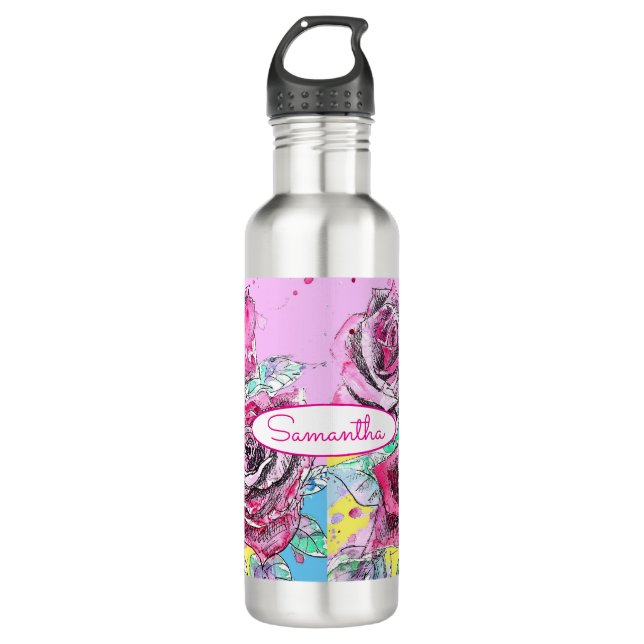 Red Rose Flower Watercolour Colorful Pink Art 710 Ml Water Bottle (Front)