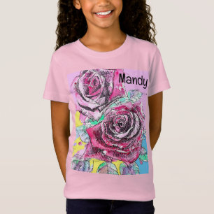 Red Rose Flower Watercolour Colourful Hot Pink Art T-Shirt