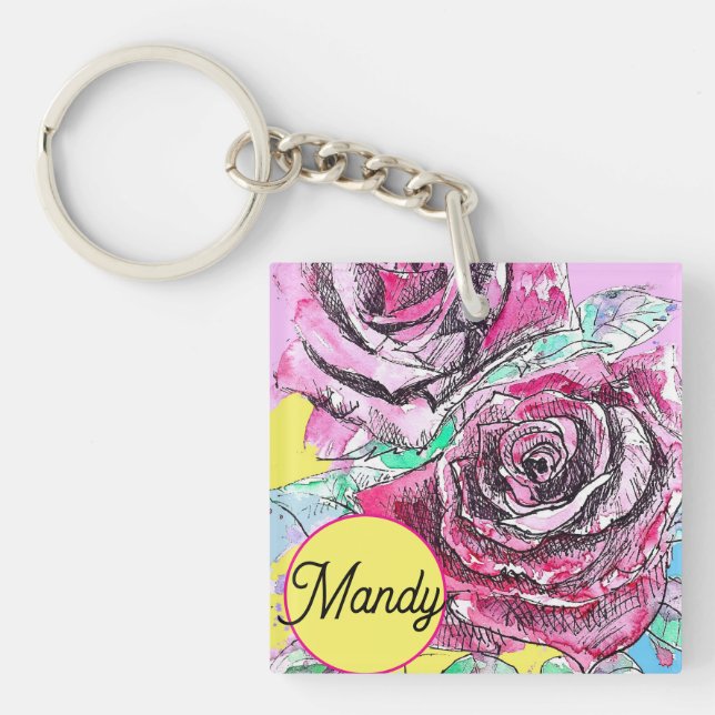 Red Rose Flower Watercolour Pink Colorful Mom Art Key Ring (Front)