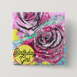 Red Rose Flower Watercolour Pink Colourful Mum Art 15 Cm Square Badge