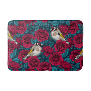 Red Rose flowers and goldfinch birds Bath Mat