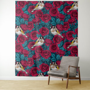 Red Rose flowers and goldfinch birds Tapestry