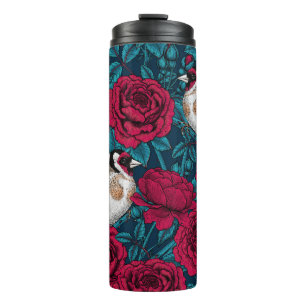 Red Rose flowers and goldfinch birds Thermal Tumbler