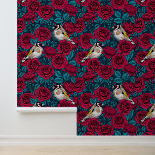Red Rose flowers and goldfinch birds Wallpaper