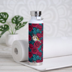 Red Rose flowers and goldfinch birds Water Bottle