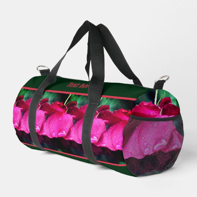 Red Rose Flowers And Raindrops Personalised Duffle Bag (Right Corner)