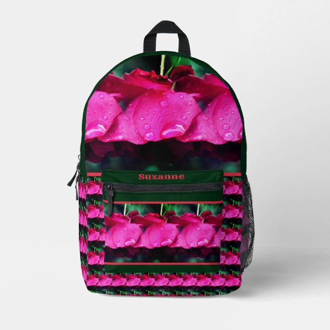 Red Rose Flowers And Raindrops Personalised Printed Backpack (Front)
