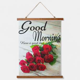 Red Rose Flowers Good Morning  Hanging Tapestry