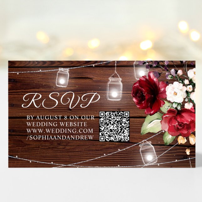 Red Rose Flowers Rustic Wood Wedding QR Code RSVP Enclosure Card (Creator Uploaded)