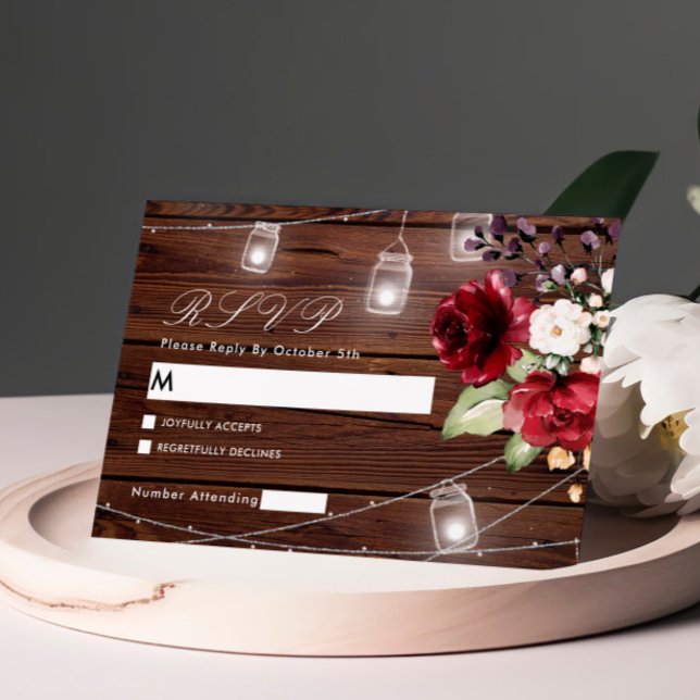 Red Rose Flowers Rustic Wood Wedding RSVP Card (Creator Uploaded)