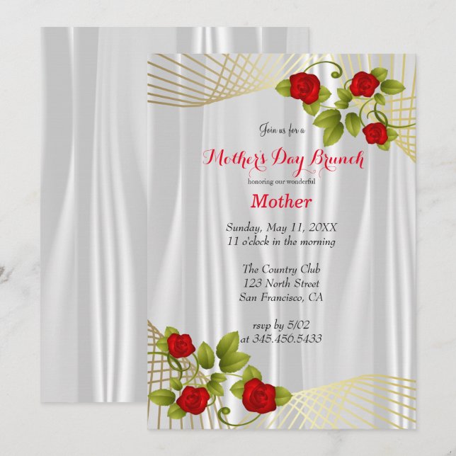 Red Rose Flowers with Gold - Mother's Day Design Invitation (Front/Back)