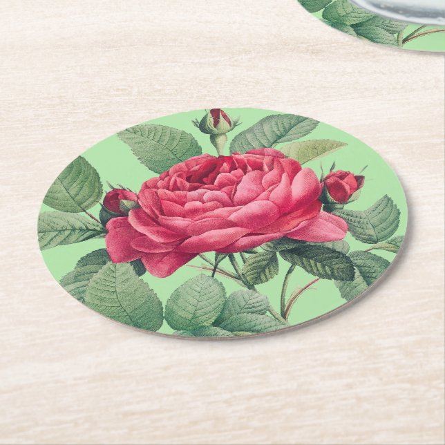Red Rose Flowers with Green Leaves Round Paper Coaster (Angled)