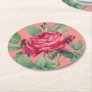 Red Rose Flowers with Green Leaves Round Paper Coaster