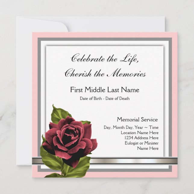 Red Rose Funeral Announcement (Front)