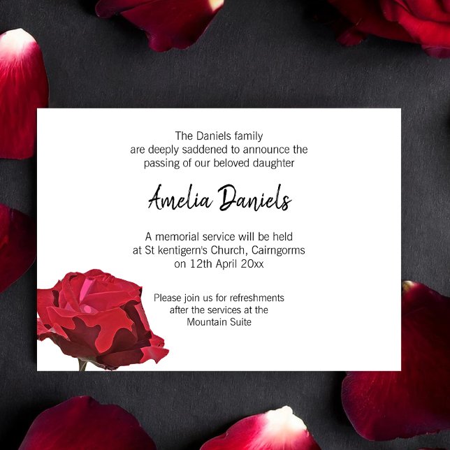 Red Rose Funeral Announcement Card (Elegant funeral announcement cards with a single red rose.)