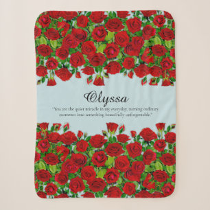 Red Rose Garden Floral Custom Name Romantic Sherpa Blanket
