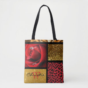Red Rose Glitter Gold Leopard Collage Tote Bag