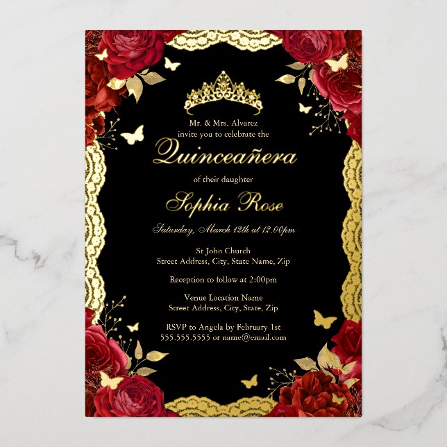 Red Rose Gold Butterfly Lace Quinceanera Birthday  (Front)