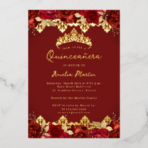 Red Rose Gold Damask Floral Quinceanera