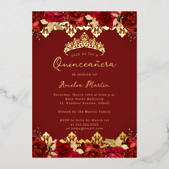 Red Rose Gold Damask Floral Quinceanera (Front)
