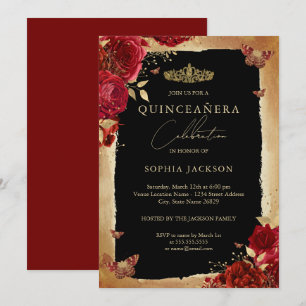 Red Rose Gold Elegant Quinceanera Invitation