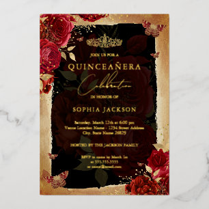 Red Rose Gold Floral Butterfly Tiara Quinceanera 