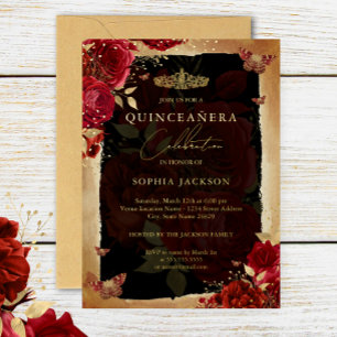 Red Rose Gold Floral Butterfly Tiara Quinceanera