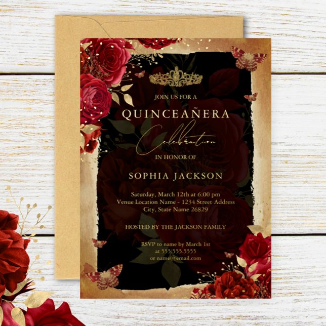 Red Rose Gold Floral Butterfly Tiara Quinceanera (Creator Uploaded)