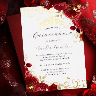 Red Rose Gold Floral Swirl Quinceanera  
