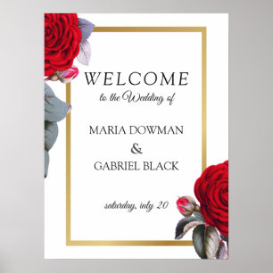 Red rose. Gold frame. Luxury welcome Sign Poster