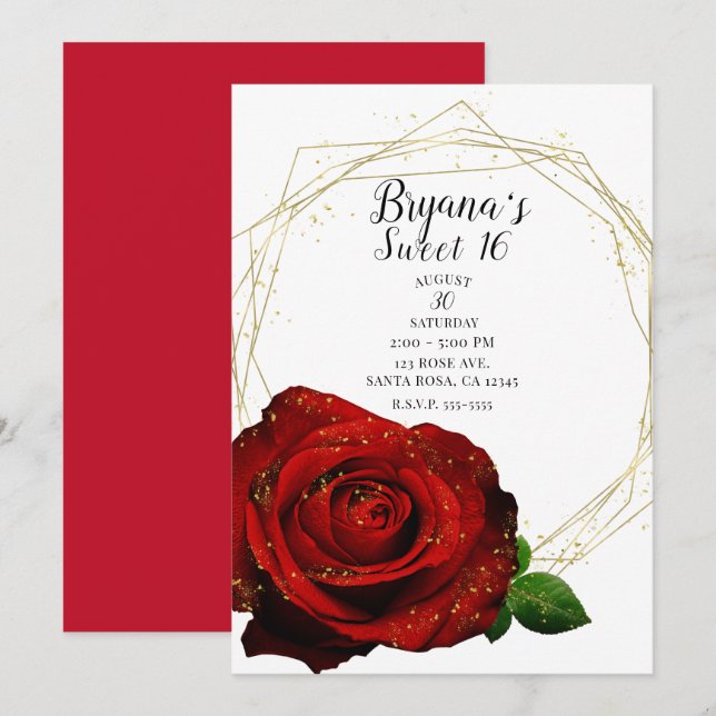 Red Rose Gold Geometric Glam Sweet 16 Party Invitation (Front/Back)