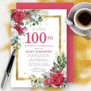 Red Rose Gold Holly 100th Birthday Invitation