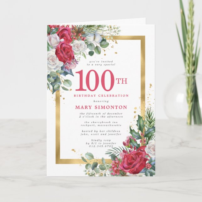 Red Rose Gold Holly 100th Birthday Party Invitation (Front)