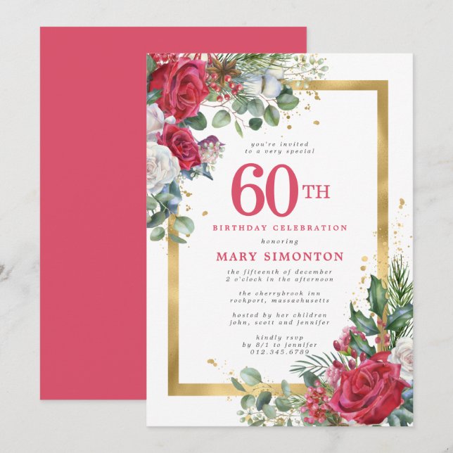 Red Rose Gold Holly 60th Birthday Invitation (Front/Back)