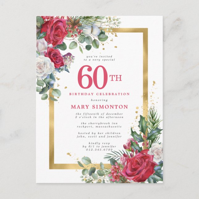 Red Rose Gold Holly 60th Birthday Invitation Postcard (Front)
